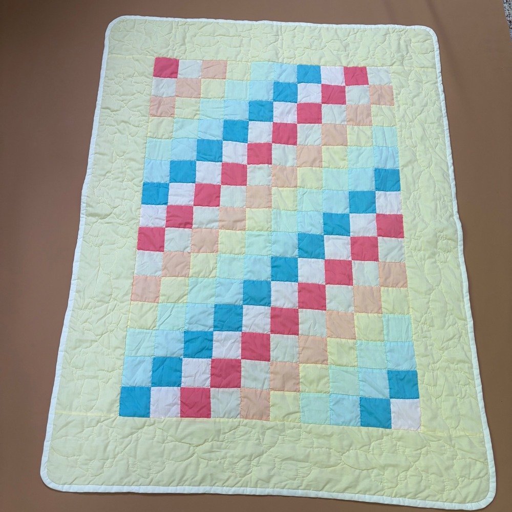 Vintage Pastel Patchwork Baby Quilt Elephant Quilted Details 35x46 Nursery Crib